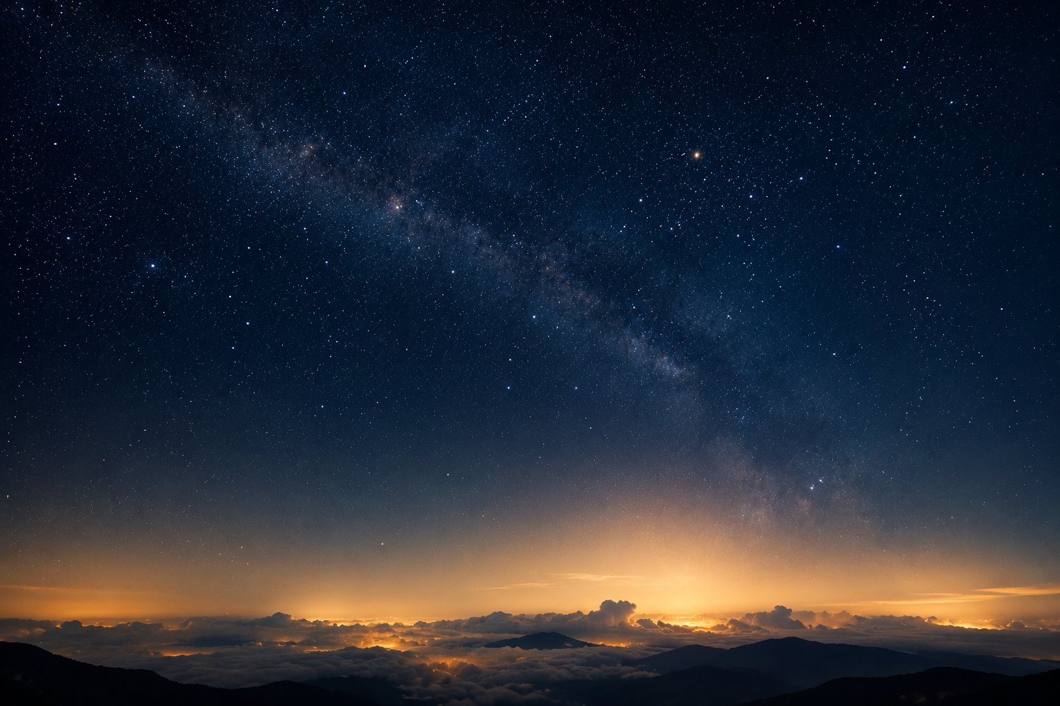 雲海の地平から立ちのぼる光と天の川の夜空